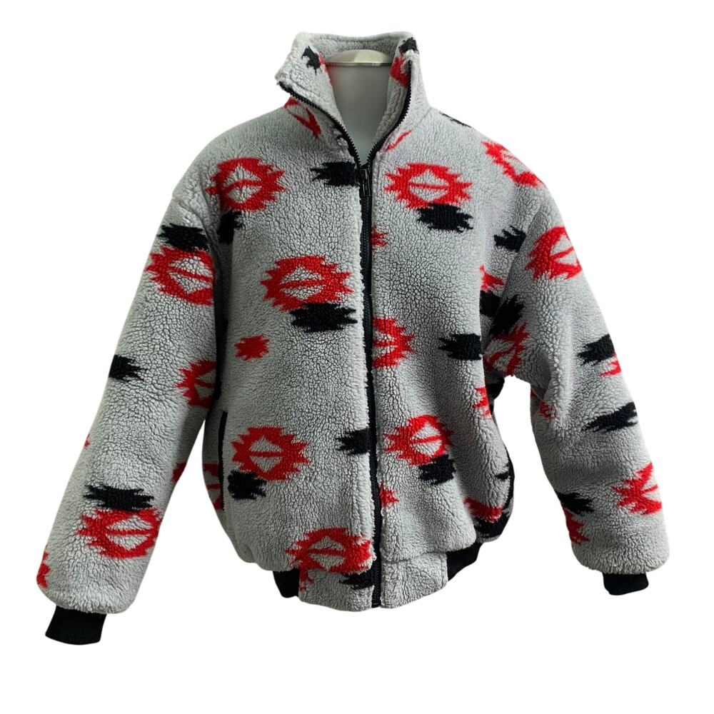 VTG Comfy Casuals Ladies 14 Mens M/L Jacket Aztec Tribal Sherpa Gray Quilted